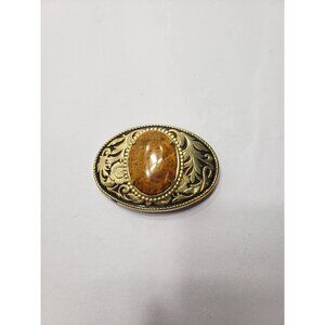 Vtg Western Brass Belt Buckle Large Amber Spotted Cabochon Stone Engraved